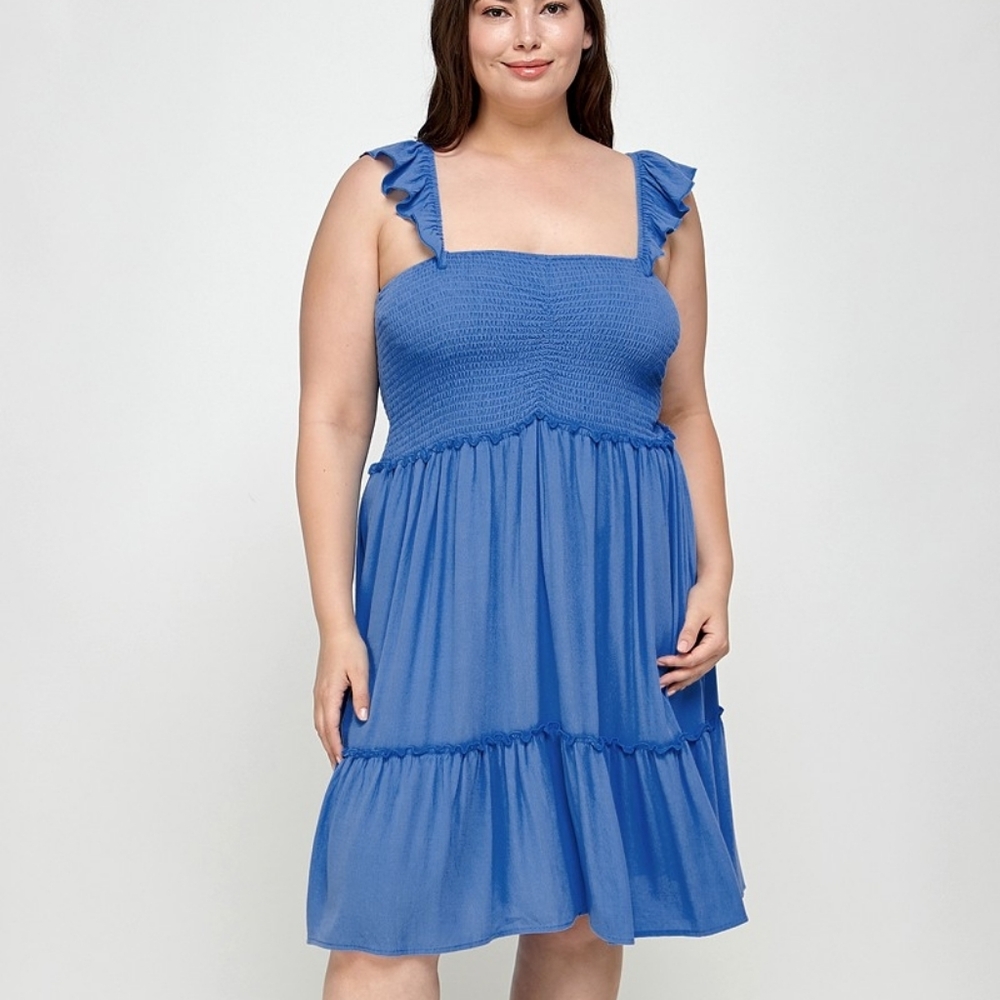 Plus Blue Midi Dress with Ruffle Straps